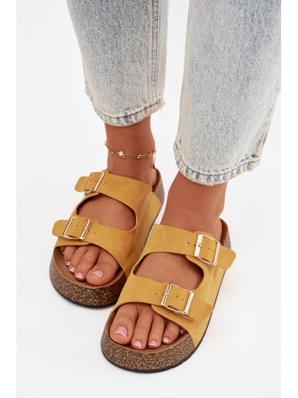 Women's Slippers on Cork Platform with Gold Clips Yellow Tovessa