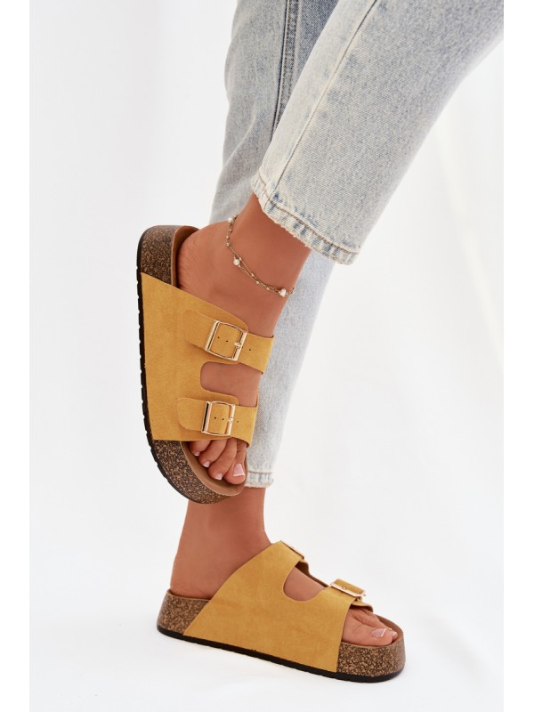 Women's Slippers on Cork Platform with Gold Clips Yellow Tovessa