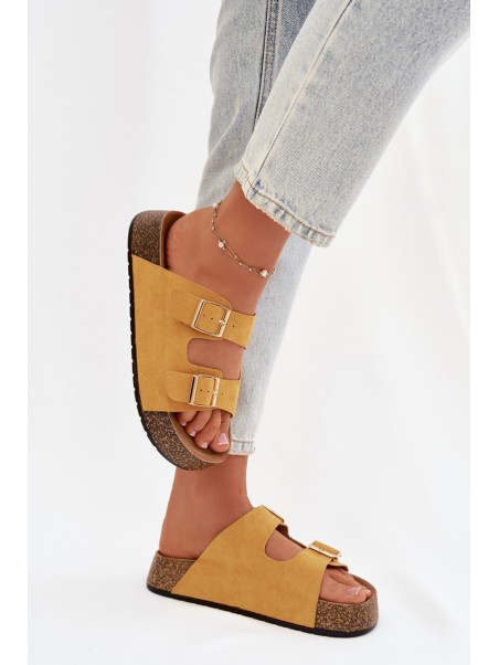 Women's Slippers on Cork Platform with Gold Clips Yellow Tovessa