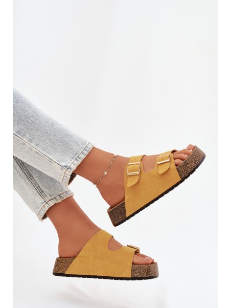 Women's Slippers on Cork Platform with Gold Clips Yellow Tovessa