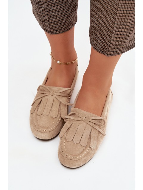 Women's Beige Moccasins with Lacing and Fringes Glorina