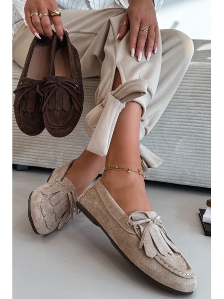 Moteriški smėlio spalvos mokasinai su raišteliais ir kutais Glorina