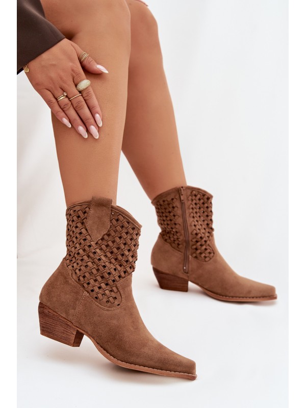 Openwork High Heel Ankle Boots by Ferissa Camel 2