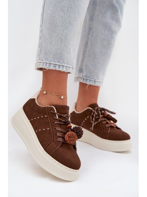 Women's Platform Sneakers with Decorative Pompons Chocolate Corinna 2