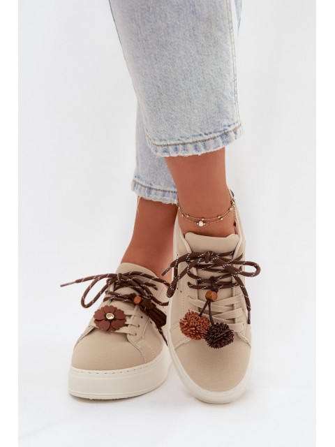 Women's Platform Sneakers with Decorative Pompons Beige Corinna 2