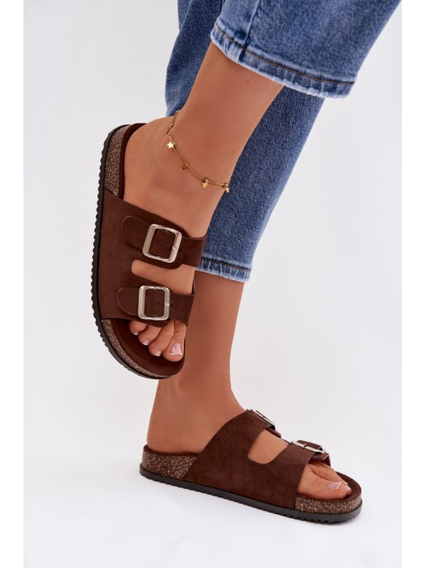 Women's Chocolate Brown Slides With Buckles Oliena