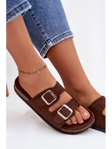 Women's Chocolate Brown Slides With Buckles Oliena