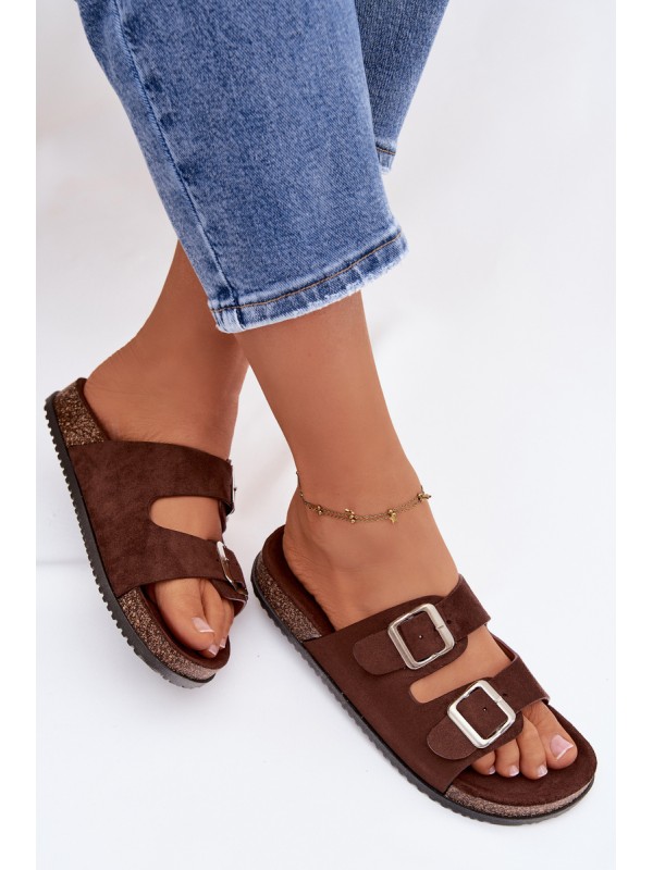 Women's Chocolate Brown Slides With Buckles Oliena