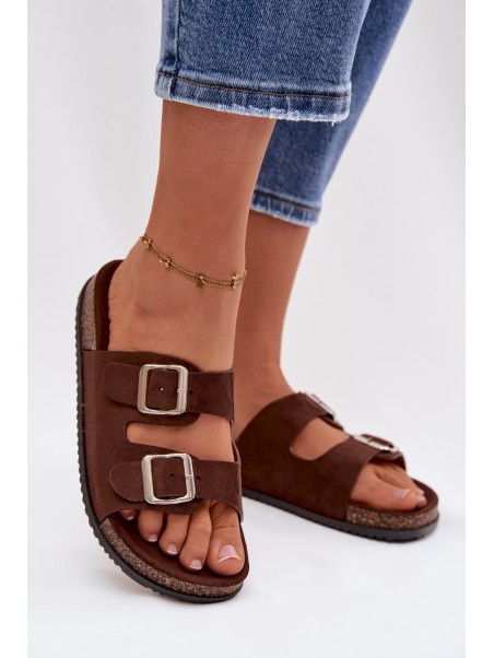 Women's Chocolate Brown Slides With Buckles Oliena