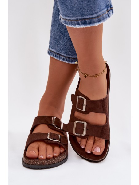 Women's Chocolate Brown Slides With Buckles Oliena