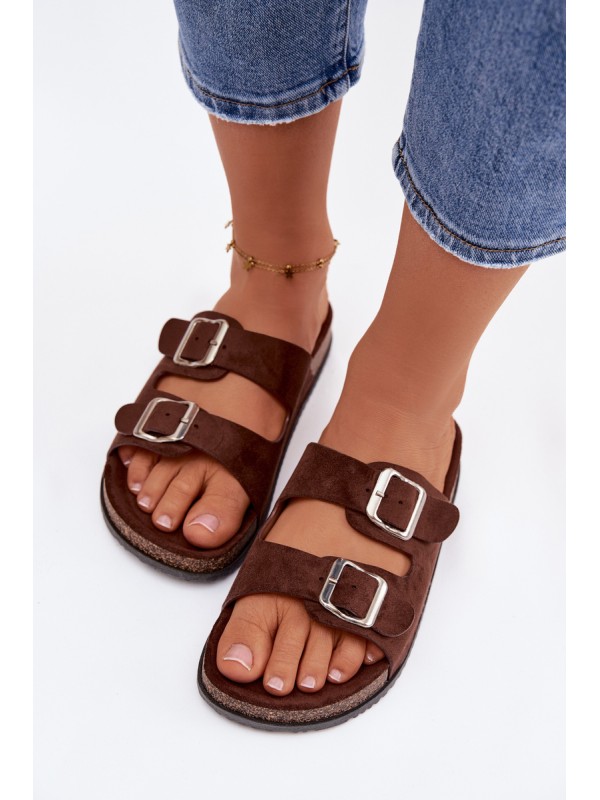 Women's Chocolate Brown Slides With Buckles Oliena