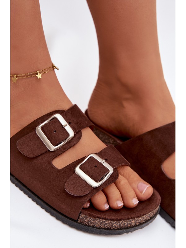 Women's Chocolate Brown Slides With Buckles Oliena