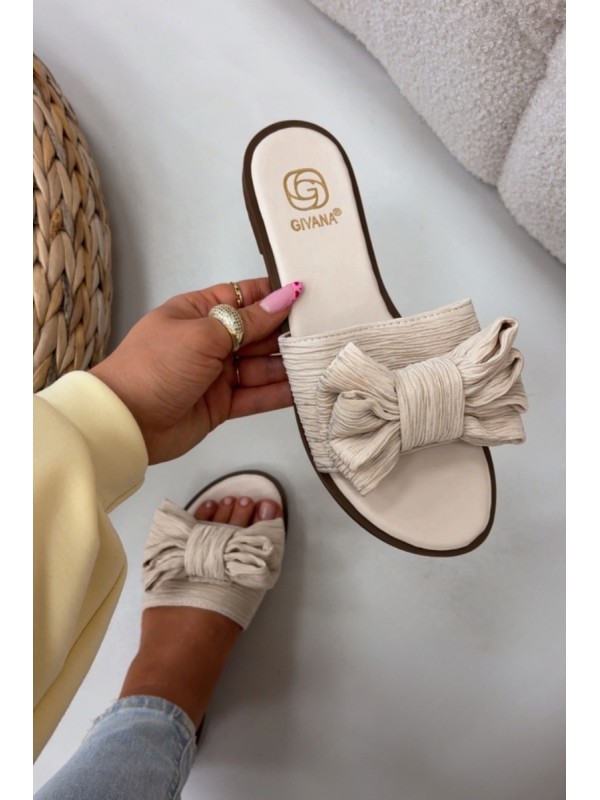 Women's Flat Heel Beige Bow Slippers Amivelle