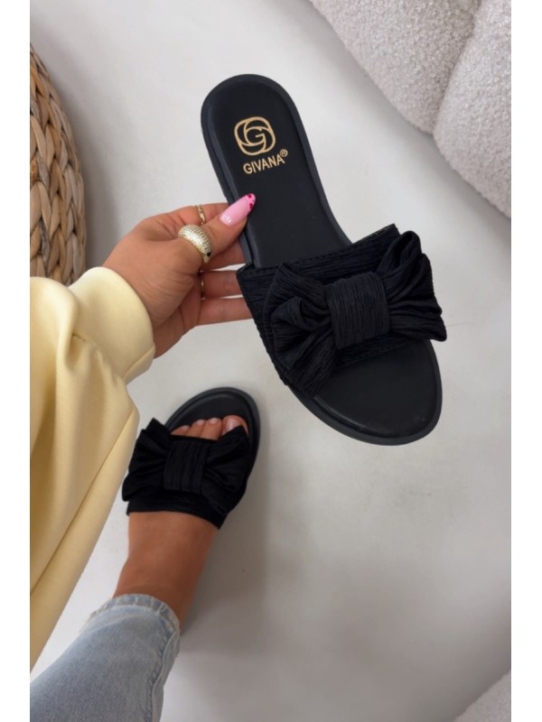 Women's Flat Heel Slippers With Bow Black Amivelle
