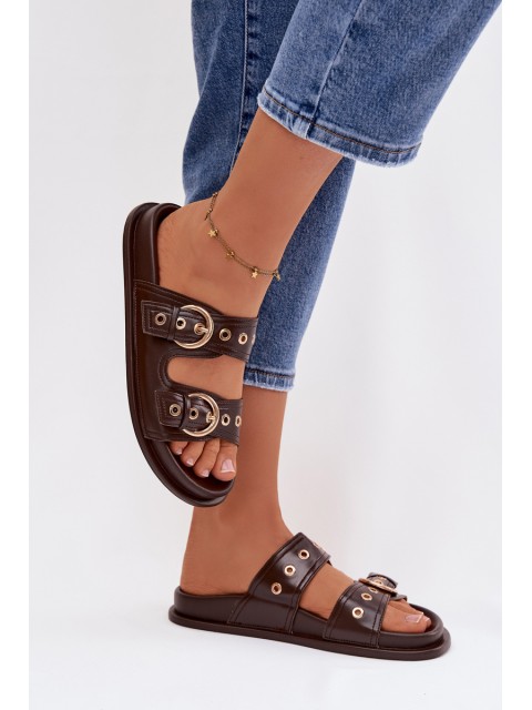 Women's Eco Leather Chocolate Flat Sandals With Gold Buckles Bellarya