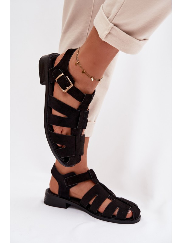 Women's Roman Sandals Black With Gold Buckle Janessa