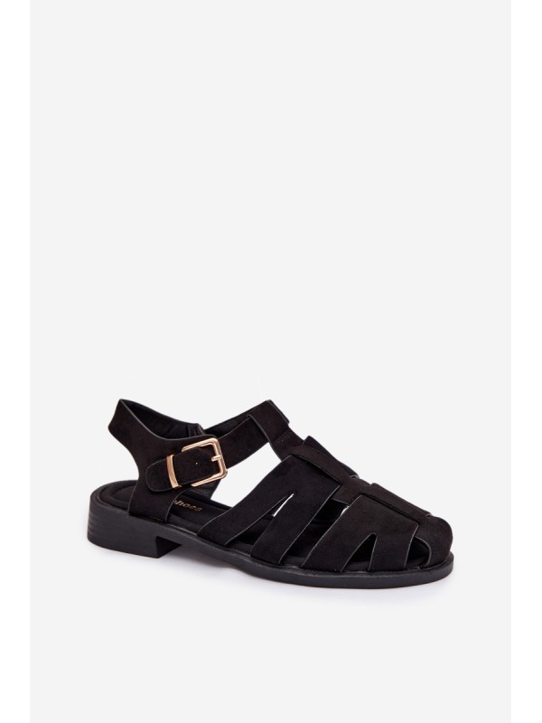 Women's Roman Sandals Black With Gold Buckle Janessa