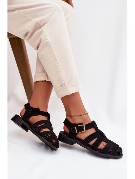 Women's Roman Sandals Black With Gold Buckle Janessa