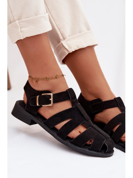 Women's Roman Sandals Black With Gold Buckle Janessa