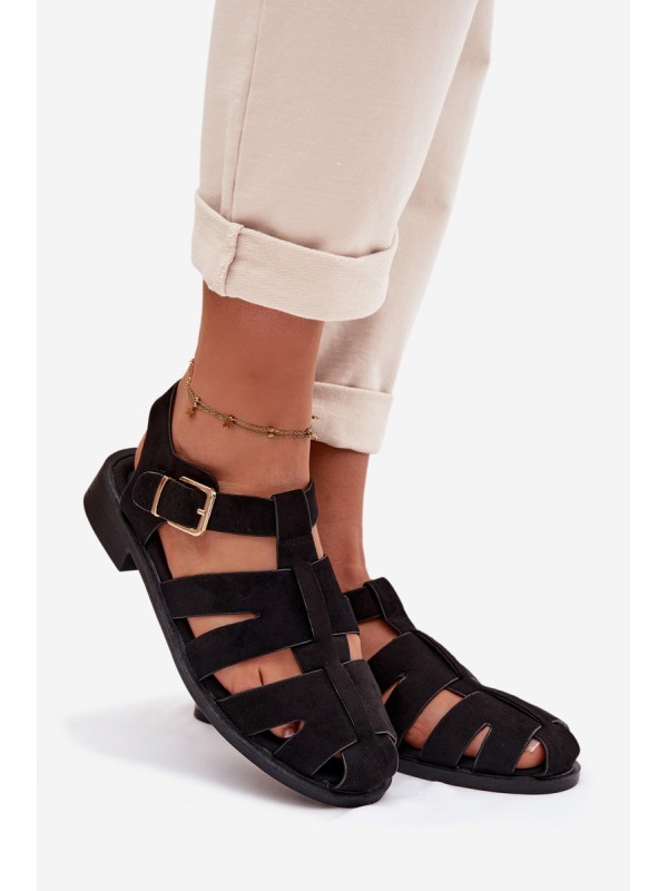 Women's Roman Sandals Black With Gold Buckle Janessa