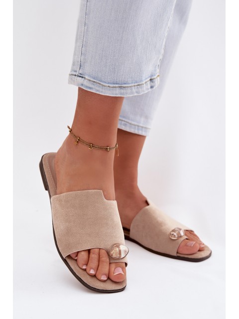 Women's Flat Decorative Detail Eco Suede Beige Slides Selavine