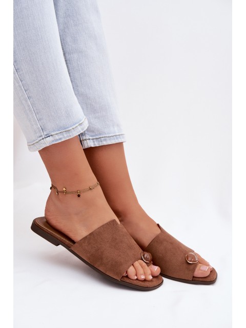 Women's Flat Decorated Eco Suede Brown Slides Selavine