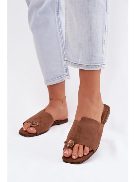 Women's Flat Decorated Eco Suede Brown Slides Selavine 2