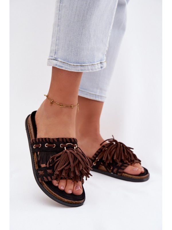 Women's Fringed Black Slides Glorinna