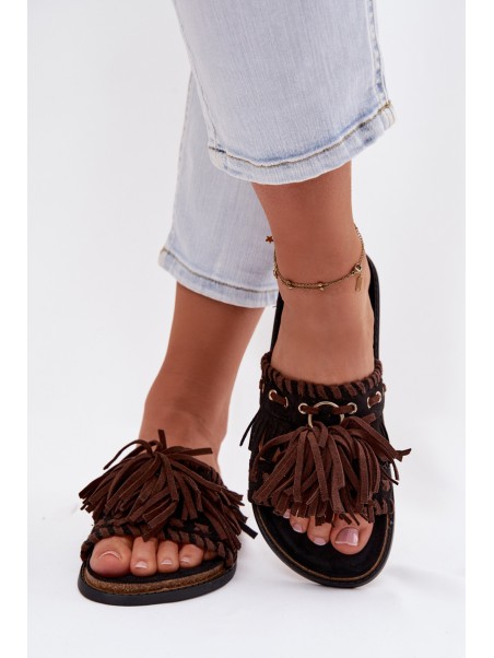 Women's Fringed Black Slides Glorinna