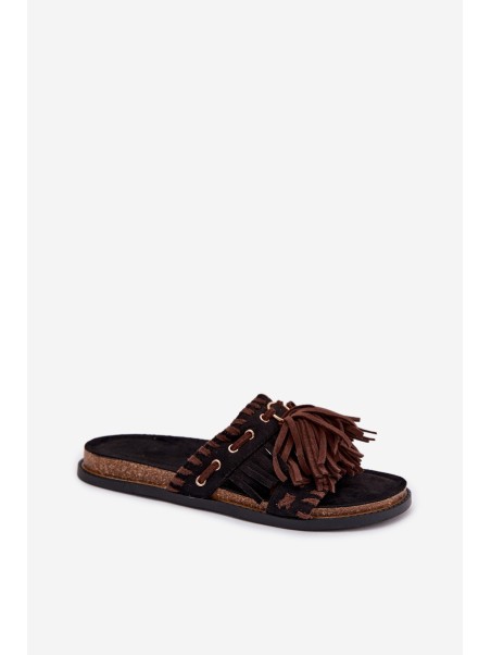 Women's Fringed Black Slides Glorinna