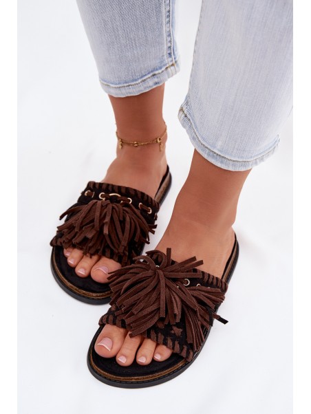 Women's Fringed Black Slides Glorinna