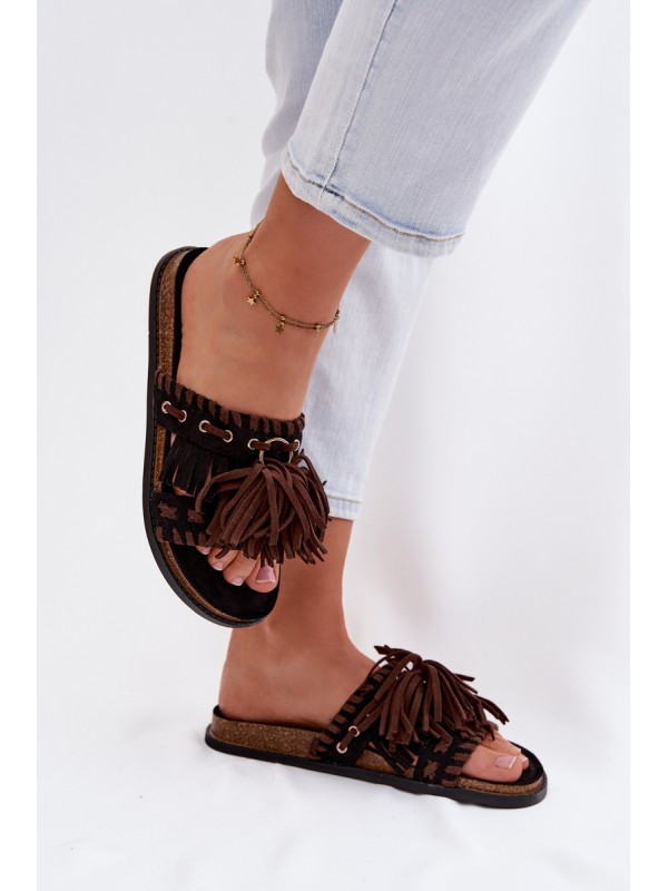 Women's Fringed Black Slides Glorinna