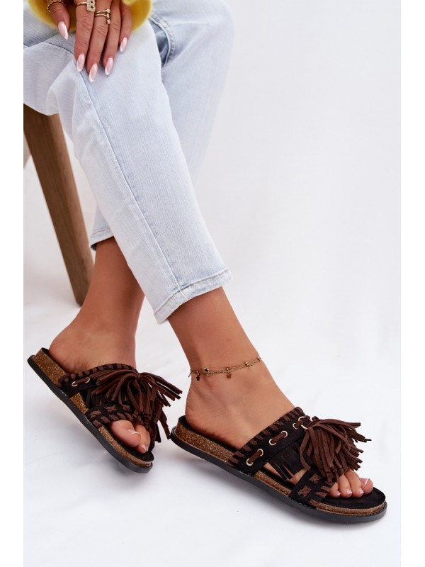 Women's Fringed Black Slides Glorinna