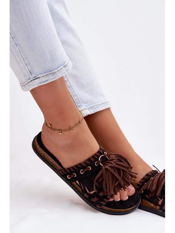 Women's Fringed Black Slides Glorinna