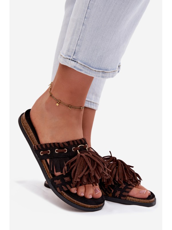 Women's Fringed Black Slides Glorinna