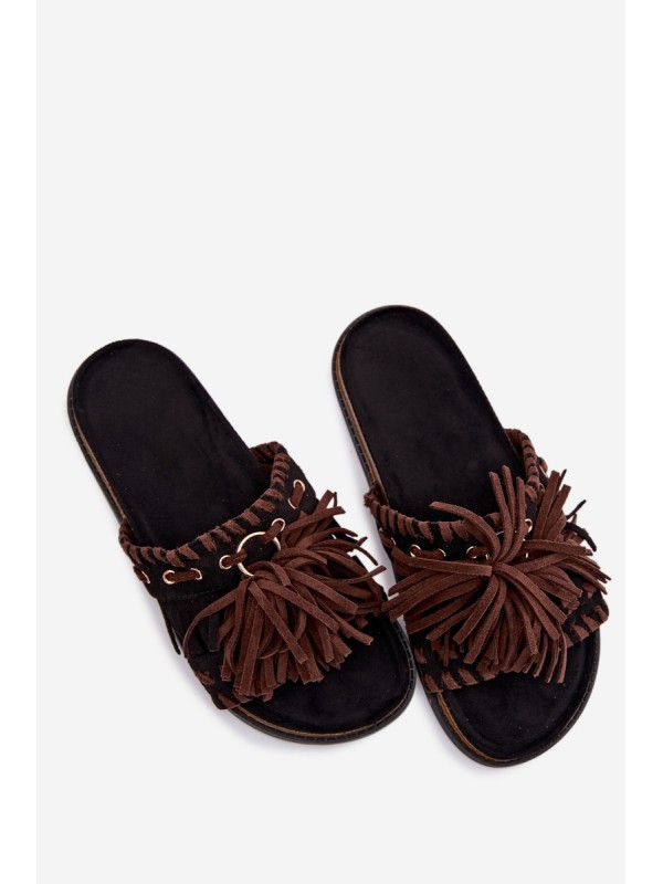 Women's Fringed Black Slides Glorinna