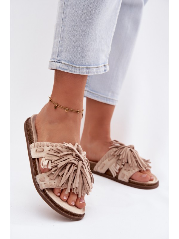 Women's Beige Fringed Slides Glorinna