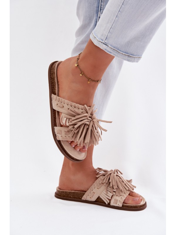 Women's Beige Fringed Slides Glorinna
