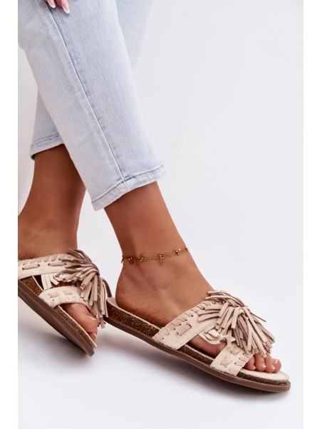 Women's Beige Fringed Slides Glorinna