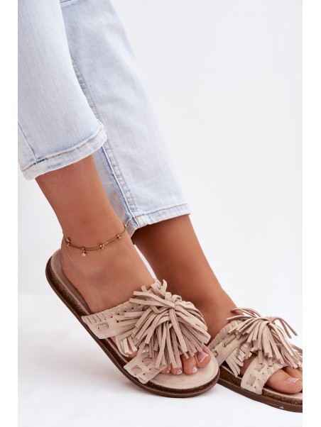 Women's Beige Fringed Slides Glorinna