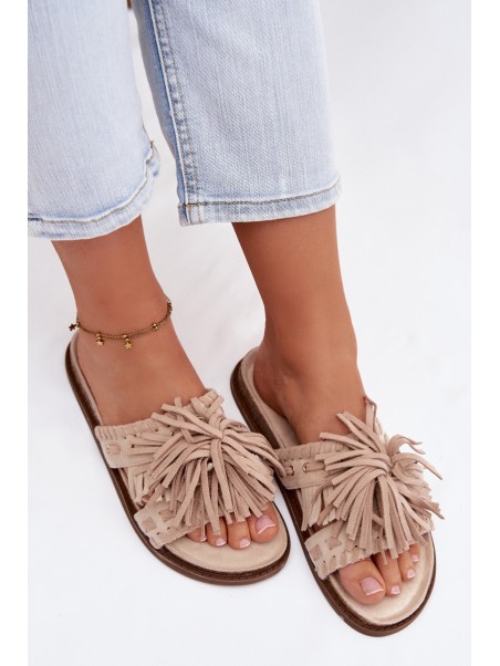 Women's Beige Fringed Slides Glorinna