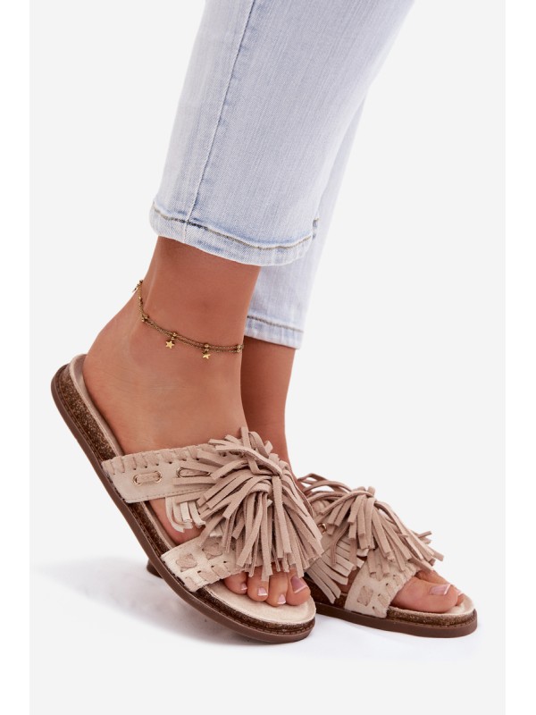 Women's Beige Fringed Slides Glorinna