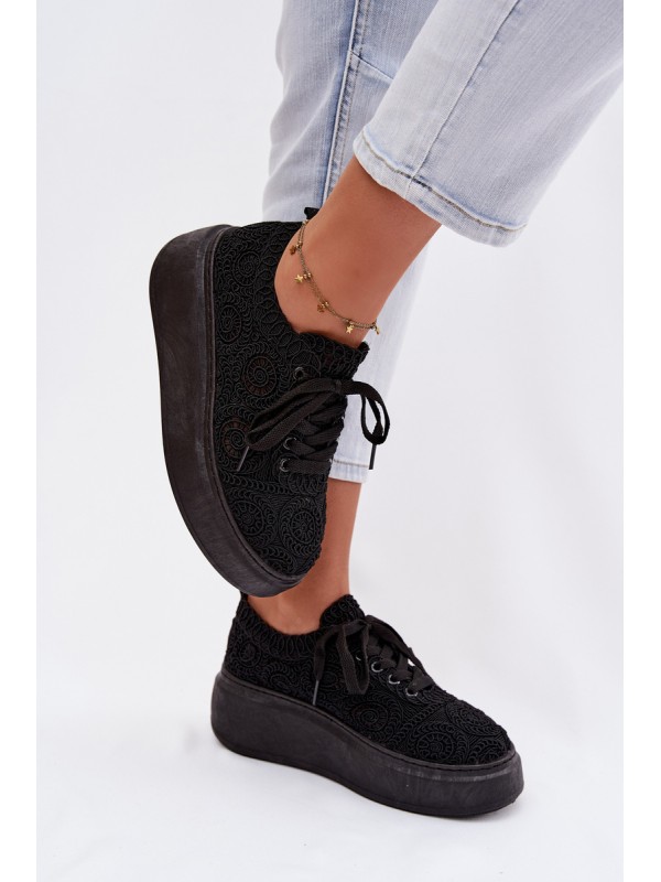 Women's Crochet Sneakers Platform Black Evalora