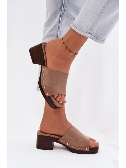 Women's Block Heel Sandals Dark Beige With Gold Buckles Davessa