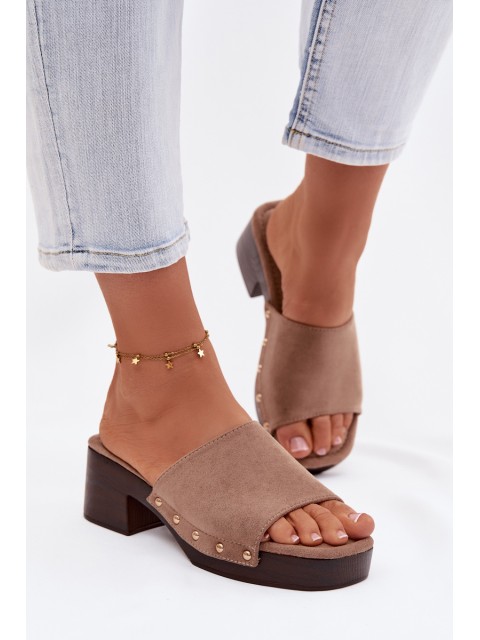 Women's Block Heel Sandals Dark Beige With Gold Buckles Davessa 2