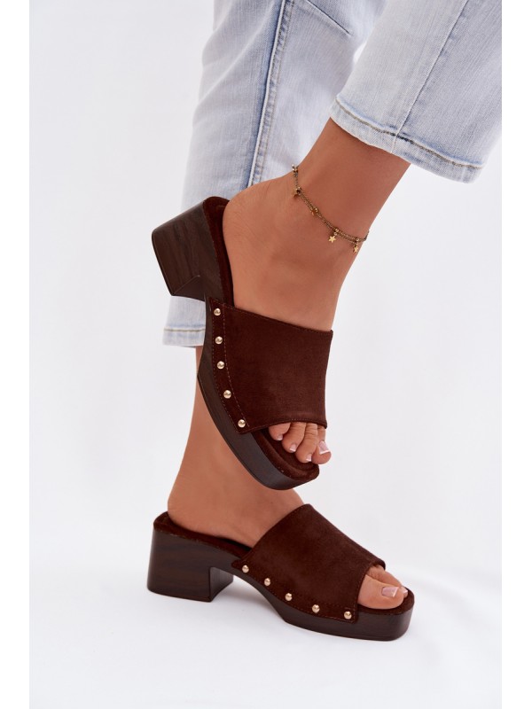 Women's Platform Slippers with Gold Buckles Chocolate Davessa