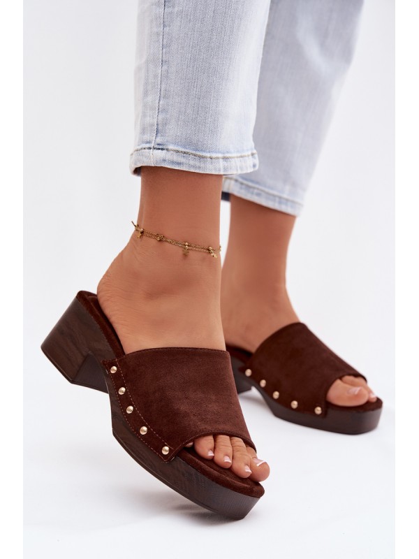 Women's Platform Slippers with Gold Buckles Chocolate Davessa
