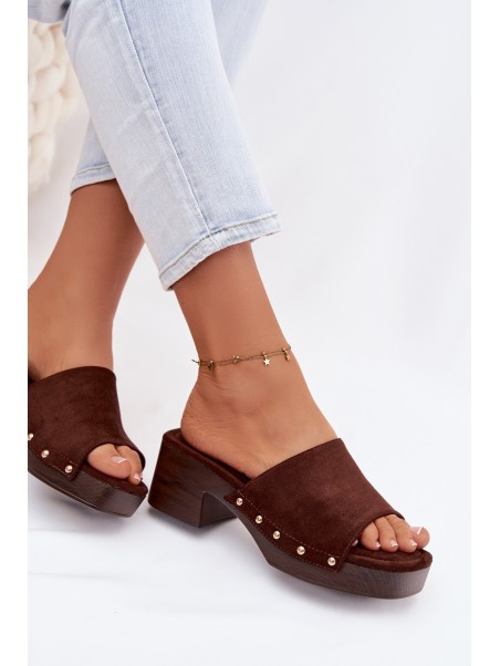 Women's Platform Slippers with Gold Buckles Chocolate Davessa