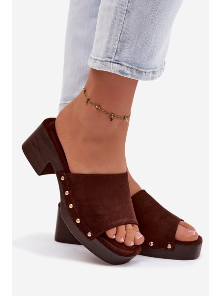 Women's Platform Slippers with Gold Buckles Chocolate Davessa