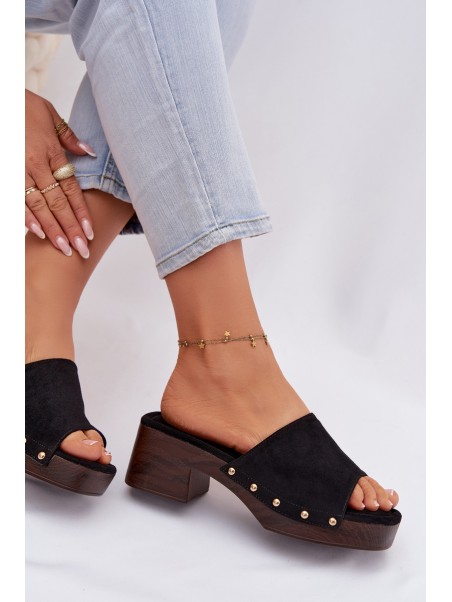 Women's Block Heel Sandals With Gold Buckles Black Davessa